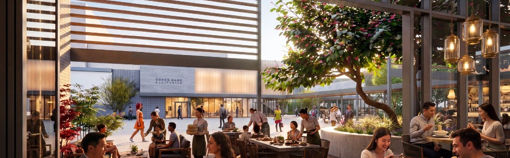 Concept rendering of the museum's restaurant terrace, with diners looking onto the auditorium plaza