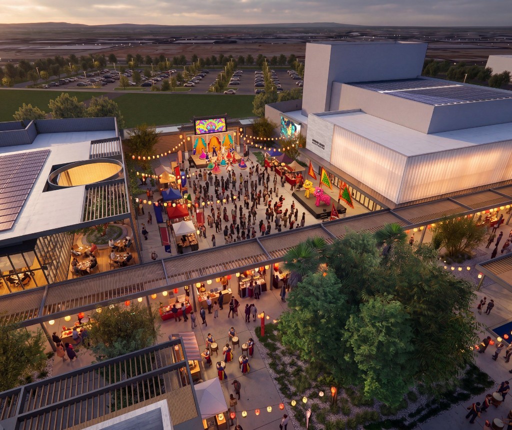 Concept rendering of an evening festival in the museum plaza — lanterns, lion dancers, and a full crowd